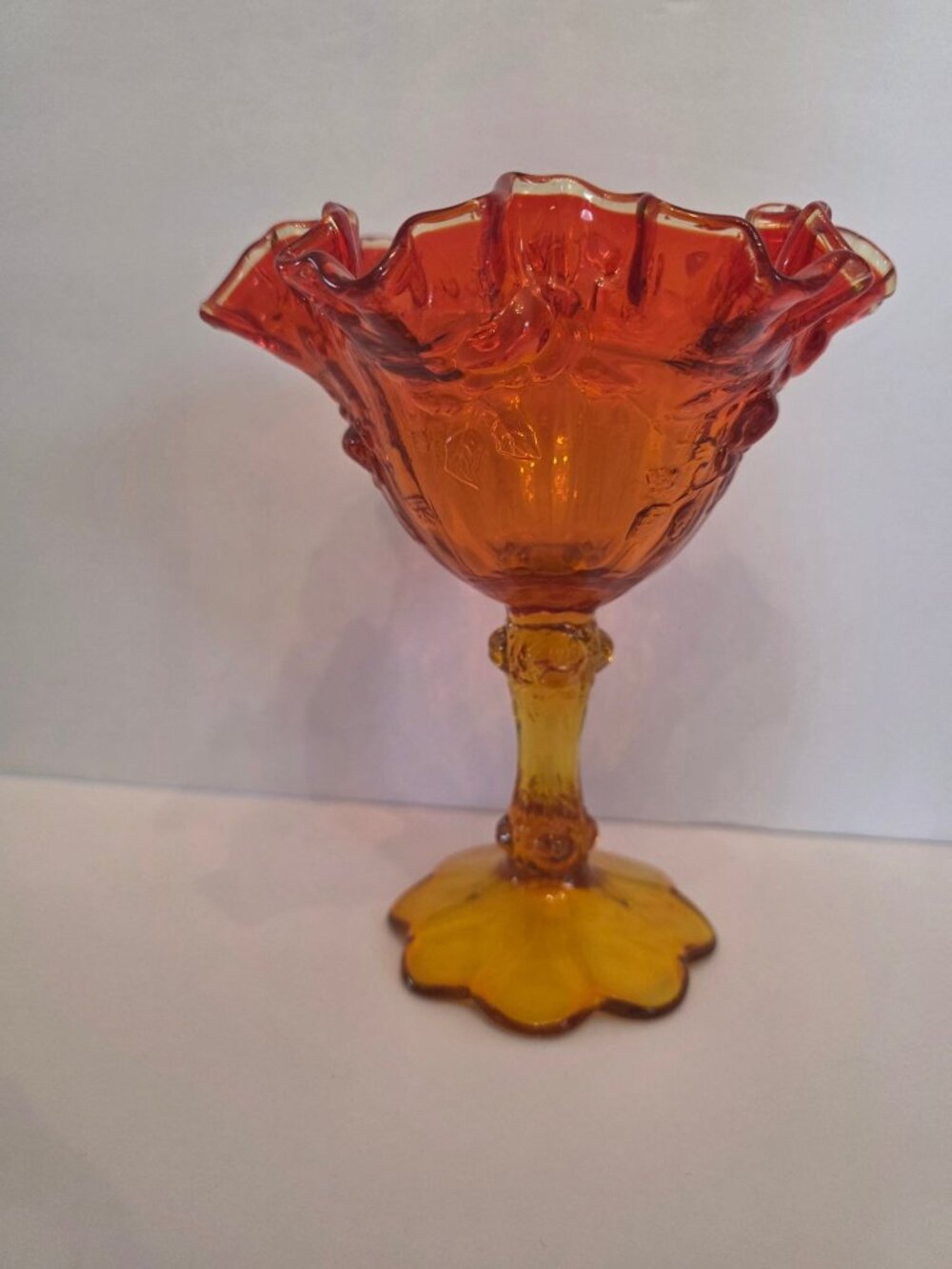 Vintage Fenton Amberina Glass Goblet With Ruffled Rim & Floral Design 7" Tall